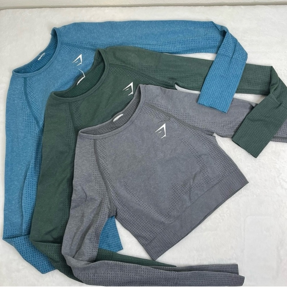 Gymshark Crop Tops in Teal, Forest Green, and Charcoal